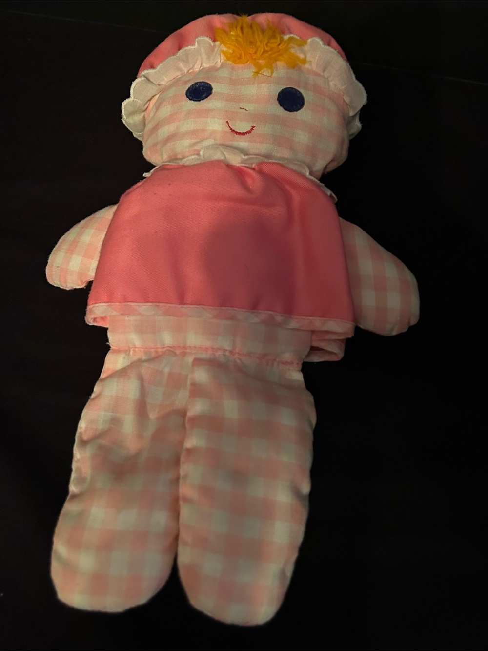 Fisher Price Lolly Dolly Pink Gingham Check Rattle 12” Plush 1975 Doll Vintage